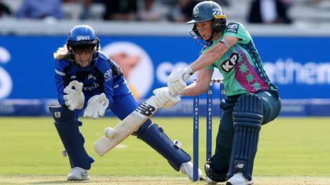 Oval Invincibles batter Meg Lanning hits a shot