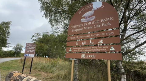 A brown slatted sign with white lettering with long yellow-green grass and a Silver Birch tree in the background