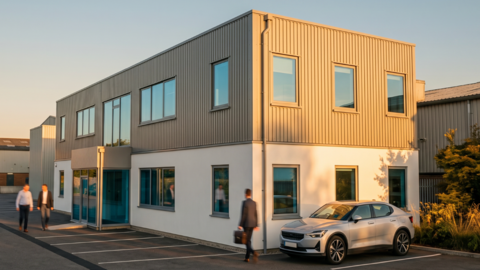 A digital mock up of a two-storey building, with workers walking passed and a car parked outside.
