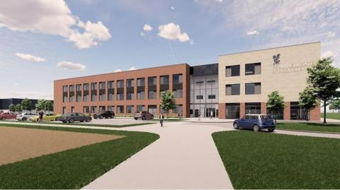 A computer generated image of how the new school would look. The three-storey brown and beige building has a lot of windows and a parking area in front of it. 