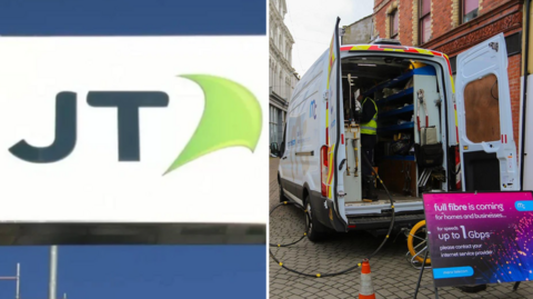 Composite image of JT Group sign and a Manx Telecom engineer and van at a worksite.