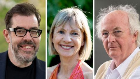 Three separate photos of best selling authors including: Richard Osman wearing black glasses (left), Kate Mosse (middle), and Sir Philip Pullman (right). All three are smiling. 