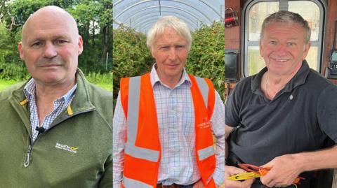A composite image featuring three white men looking at the camera.  The image on the left  is a balding man with a green half-zip fleece. The central image is of a white-haired man wearing an orange high vis vest and a white chequered shirt. The right image is of a grey-haired man wearing a blue polo shirt.