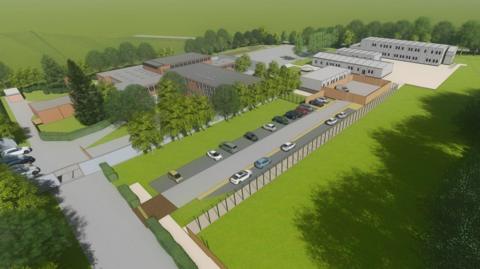 An artist's impression of what a learning village will look like from above. The image includes a car park with several cars in it, trees and various buildings dotted around
