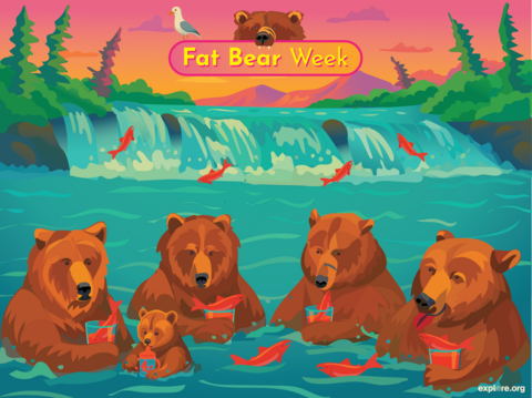 A cartoon of 4 brown bears and cub drinking salmon from cups in a blue river with waterfalls behind