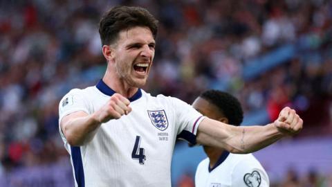 England's Declan Rice celebrates scoring their second goal.