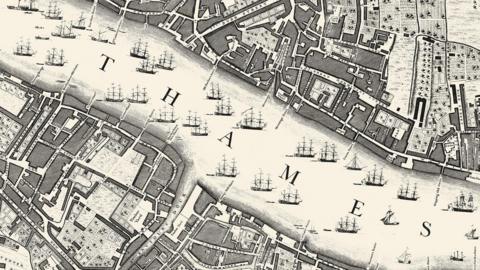 A black and white map showing the River Thames