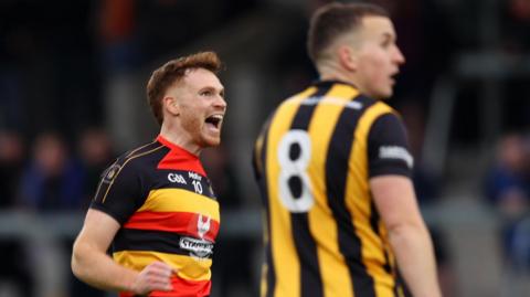 Cullyhanna's Jason Duffy celebrates scoring a two pointer in his clubs Armagh SFC semi-final win over Crossmaglen at the Athletic Grounds