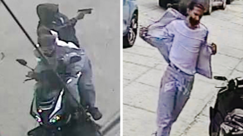 CCTV footage of the two suspects on a moped, and a solo image of the driver. 