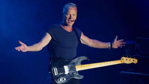 British singer and songwriter Sting performs on stage