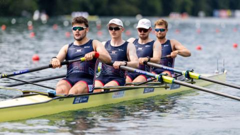 Jake Wincomb, Daniel Graham, James Vogel and Joshua Bowesman-Jones of Great Britain, from right, compete in the Men's Four heat 