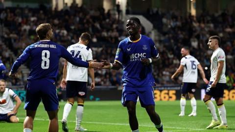 Everton striker Thierno Barry celebrates scoring against Preston