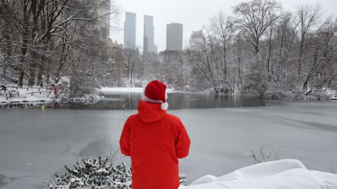 A person in a red coat and Santa hat looks out over an icy lake and snow covered trees with a city skyline in the background