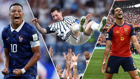 A split image of Mbappe, Messi and Merino