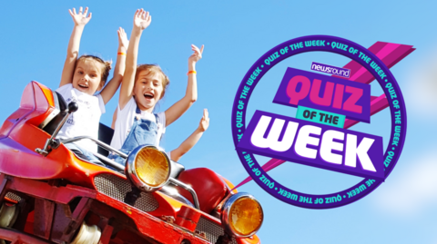 Children on a rollercoaster ride with their hands in the air, the Quiz of the Week Logo is in the right hand corner.
