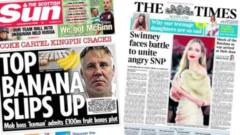 Composite image featuring The Sun, headlines 'Top banana slips up' and The Times, headlined 'Swinney faces battle to unite angry SNP'