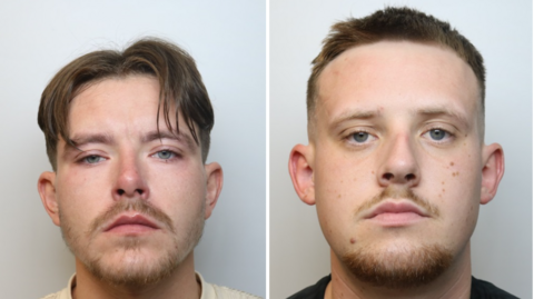 Two mugshots of Jake Stevens and Tyrone Richards. Richards has a curtain haircut and Stevens has blue eyes, a cropped haircut and a short beard and mustache