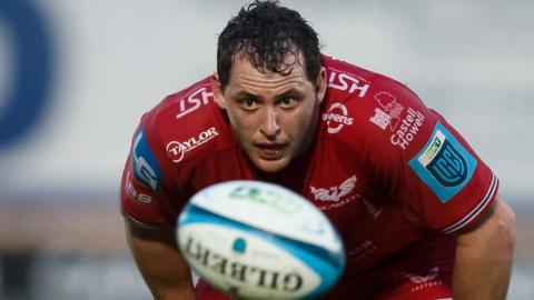 Scarlets' Ryan Elias looks intense as the ball comes his way