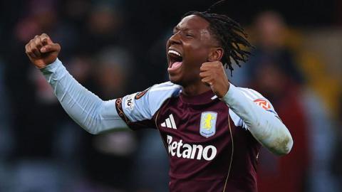 Jamaldeen Jimoh-Aloba celebrates for Aston Villa. 