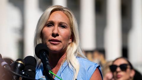 Marjorie Taylor Greene speaks at a press conference alongside alleged victims of Jeffrey Epstein at the US Capitol in September