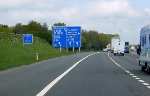 Northbound A1(M) approaching Scotch Corner