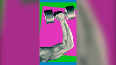 A arm holding up a dumbbell, showing a defined bicep muscle.