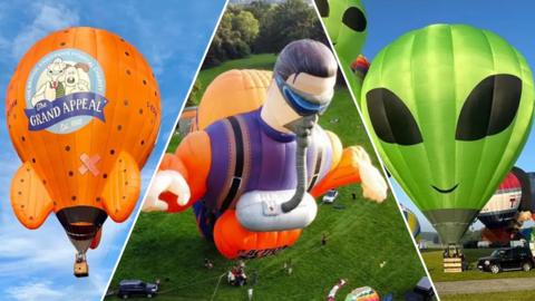A split image of three hot air balloons.