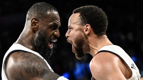 LeBron James and Steph Curry celebrate victory for the US over Serbia in the Olympic semi-final