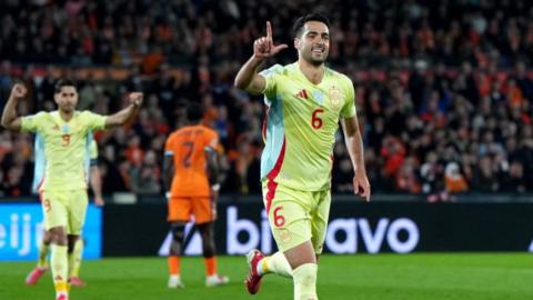 Mikel Merino celebrates equalising for Spain against the Netherlands