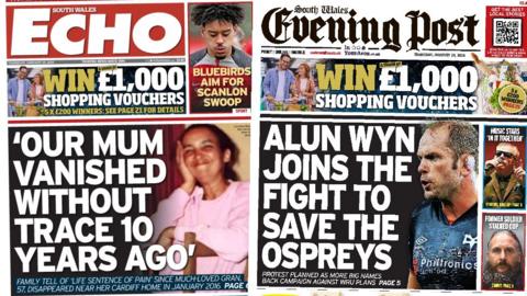 Front pages of South Wales Echo and South Wales Evening Post