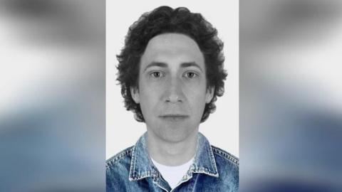 A facial reconstruction of a man whose remains were found 35 years ago. The head and shoulder shot depicts him with dark hair, and wearing a denim jacket.