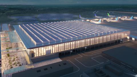 An artist impression of the new terminal building form outside. It is a large square building covered in glass. 