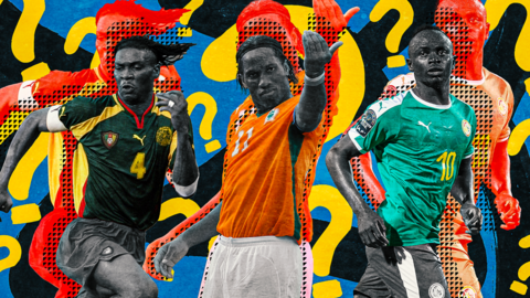 A bold, colourful graphic featuring question marks in between Cameroon defender Rigobert Song, Ivory Coast striker Didier Drogba and Senegal forward Sadio Mane