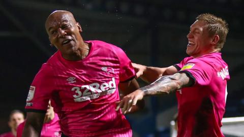 Andre Wisdom celebrates scoring for Derby County against Wycombe Wanderers