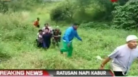 people on green hillside holding a man's hands behind his back and walking him uphill