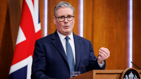 Prime Minister Sir Keir Starmer speaking during a press conference to give an update on the latest situation in the Middle East, in the Downing Street Briefing Room in London