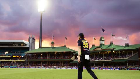 Stock image of Kane Richardson at the SCG beneath a pink sky