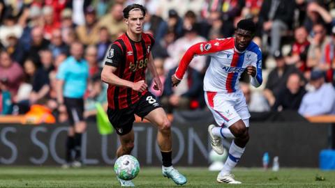  Alex Scott of Bournemouth dribbles away from Jefferson Lerma of Crystal Palace 