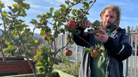 Martin inspects an apple
