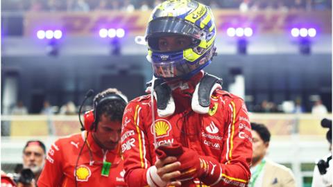 Oliver Bearman in his Ferrari racing overalls and helmet before the start of the Saudi Arabian Grand Prix