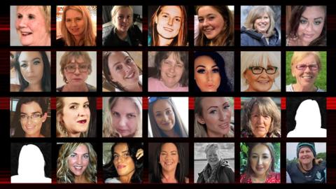 A collage of pictures of 26 of the 28 women who have died violently in Northern Ireland since 2020, with two silhouettes representing the other two women