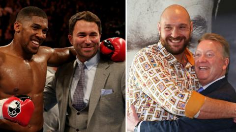 Anthony Joshua celebrates with Eddie Hearn, while Tyson Fury hugs Frank Warren