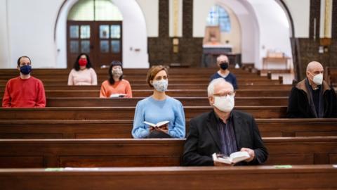 Socially distanced church congregation