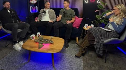 L-R: Alex Cuthbert, James Hook and Jonathan Davies with presenter Lauren Salter