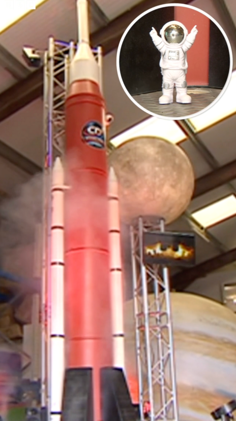 The interactive replica of the spacecraft in a hangar.