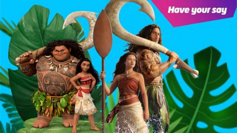 A side-by-side comparison of Moana and Maui animated and in live action. 