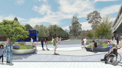 A computer generated image of what Crawley Bus station will look like with a big concrete peestrian square surrounded by plants and trees and, people in the foreground and a blue bus in the background