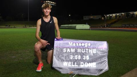 New Zealand's Sam Ruthe becomes the youngest person in history to break the four-minute mile