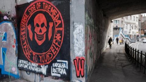 A mural depicting Wagner private military group is seen on a wall in Belgrade, Serbia, January 18,