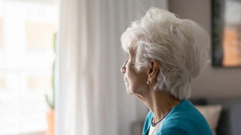 Elderly lady looking out of a window